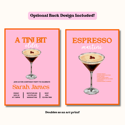 Espresso Martini Invite, A Tini Bit Older Espresso Martini Birthday Invitation Template, Dirty Martini Cocktail Theme, Midcentury Modern Art Print Invite 5x7