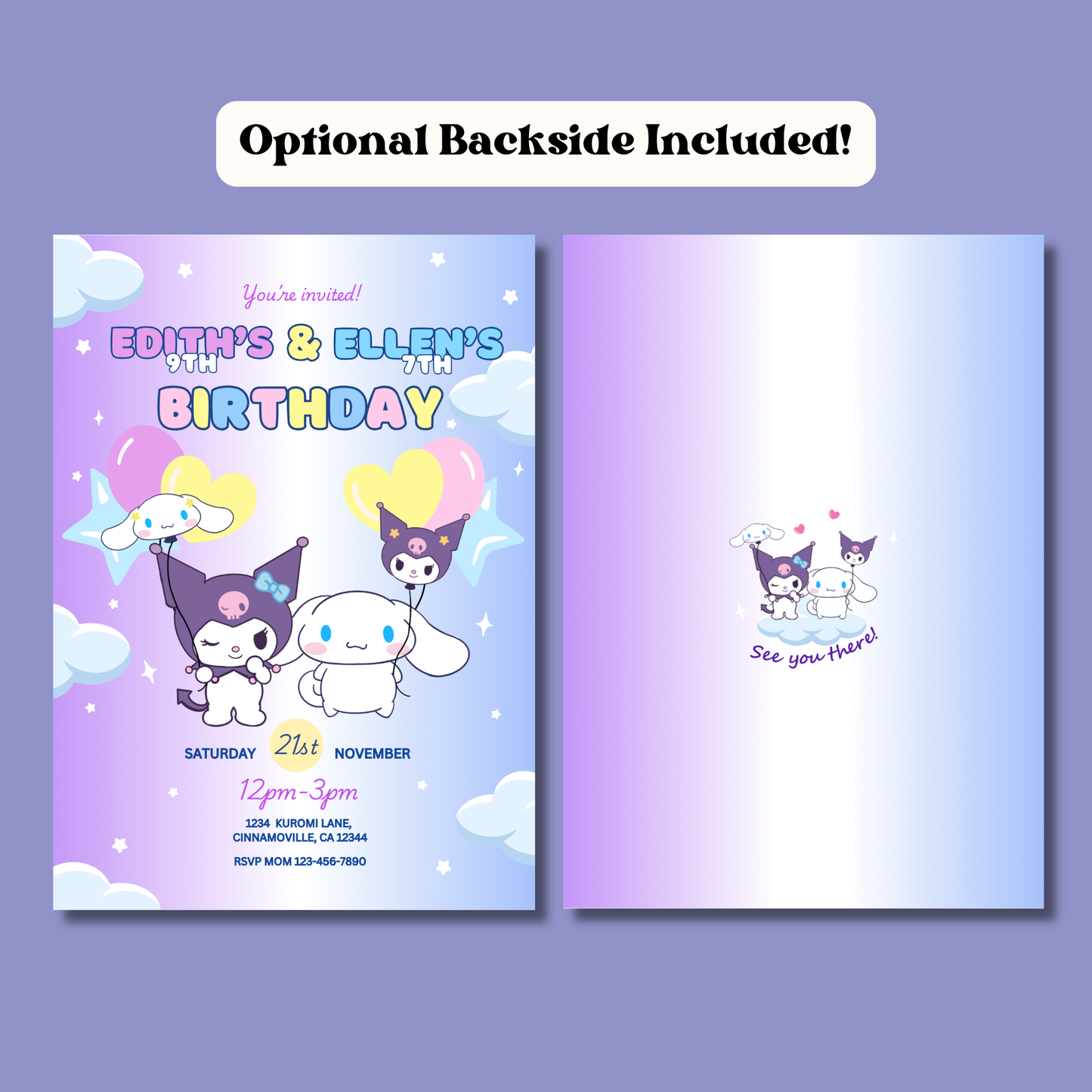 Kuromi x Cinnamoroll Birthday Invite Editable, Kawaii Sibling Invitation, 5x7