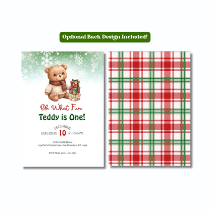 Oh What Fun, Teddy Is One! Christmas Teddy Bear First Birthday Invitation – Editable Canva Template