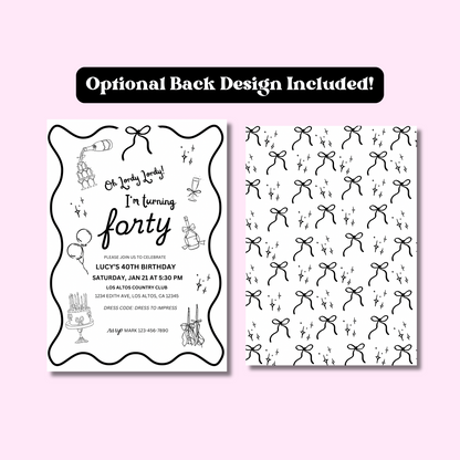 Oh Lordy Turning 40 Birthday Invitation Template, Coquette Bow Theme, 40th Bday Invite, Black & White Illustration Classy Party 5x7