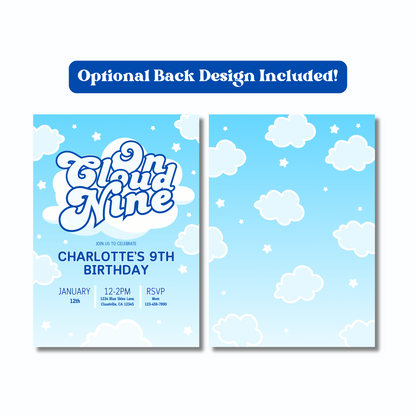 On Cloud Nine Invite Editable, Cute Blue Cloud Party Invitation, Cloud 9 Sleepover Invite Printable 5x7