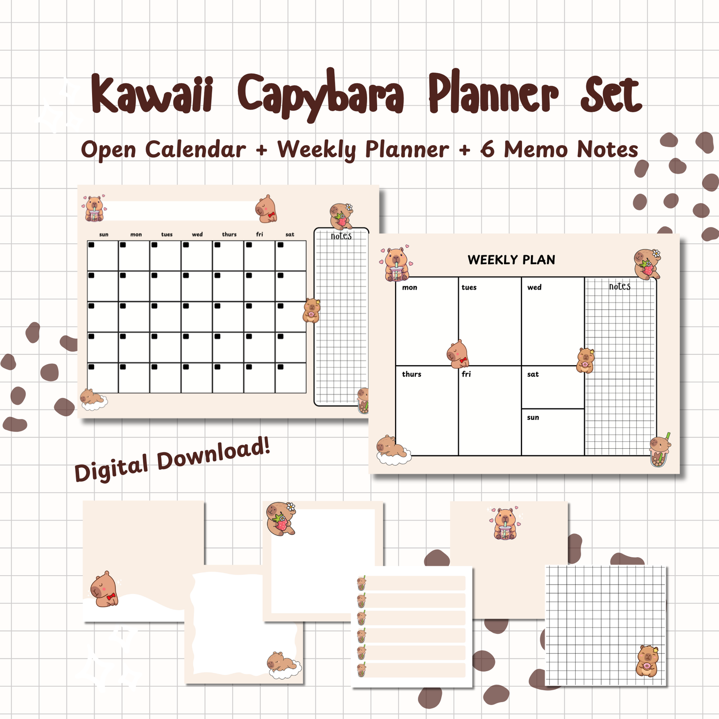 Kawaii Capybara Planner Set: Monthly Calendar, Weekly Calendar, & Memo Notes | Printable | Instant Download
