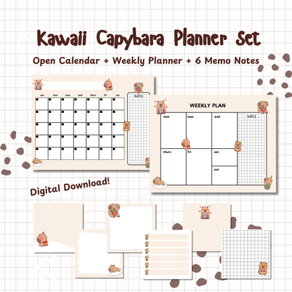 Kawaii Capybara Planner Set: Monthly Calendar, Weekly Calendar, & Memo Notes | Printable | Instant Download