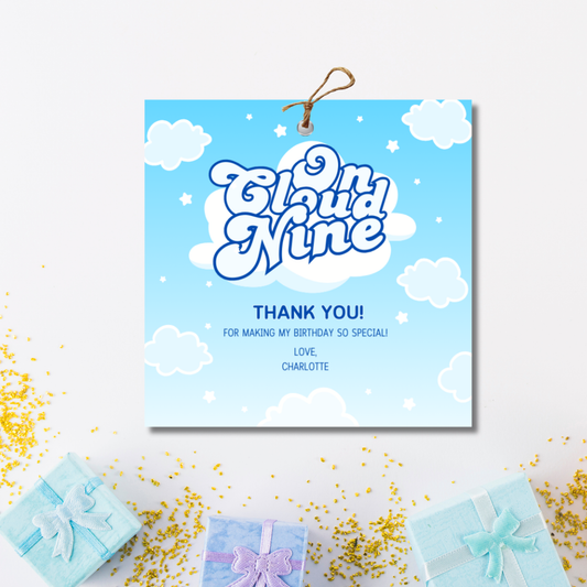 On Cloud 9 Thank You Tags: Blue Cloud Themed 9th Birthday Favor Tags 3x3 (Instant Download)