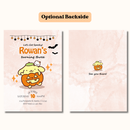 Halloween Pompompurin Birthday Invitation, Cute Sanrio Pumpkin Invite, Spooky Kawaii Kids Birthday Party Printable, Editable Template, Instant Download 5x7