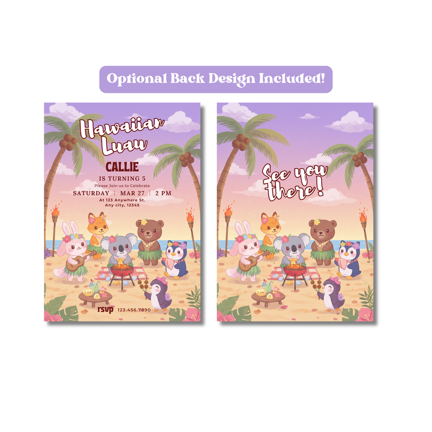 Luau Editable Invitation, Kawaii Animals Birthday Invite, Cute Tropical Animal Party for Kids, Beach Party Invite Template 5x7
