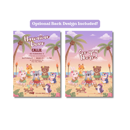 Luau Editable Invitation, Kawaii Animals Birthday Invite, Cute Tropical Animal Party for Kids, Beach Party Invite Template 5x7