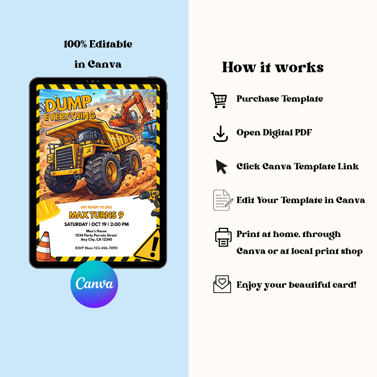 Dump Truck Construction Birthday Invitation | Editable Canva