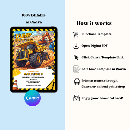 Dump Truck Construction Birthday Invitation | Editable Canva