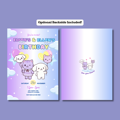 Duo Birthday Invite Editable, Kawaii Sibling Invitation, 5x7 Hand Drawn