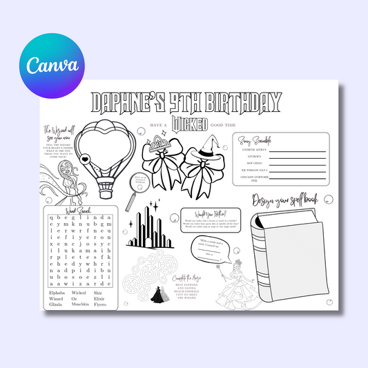 Wicked Themed Editable Activity Placemat, Kids Wizard of Oz Birthday Activity Page Template Black & White
