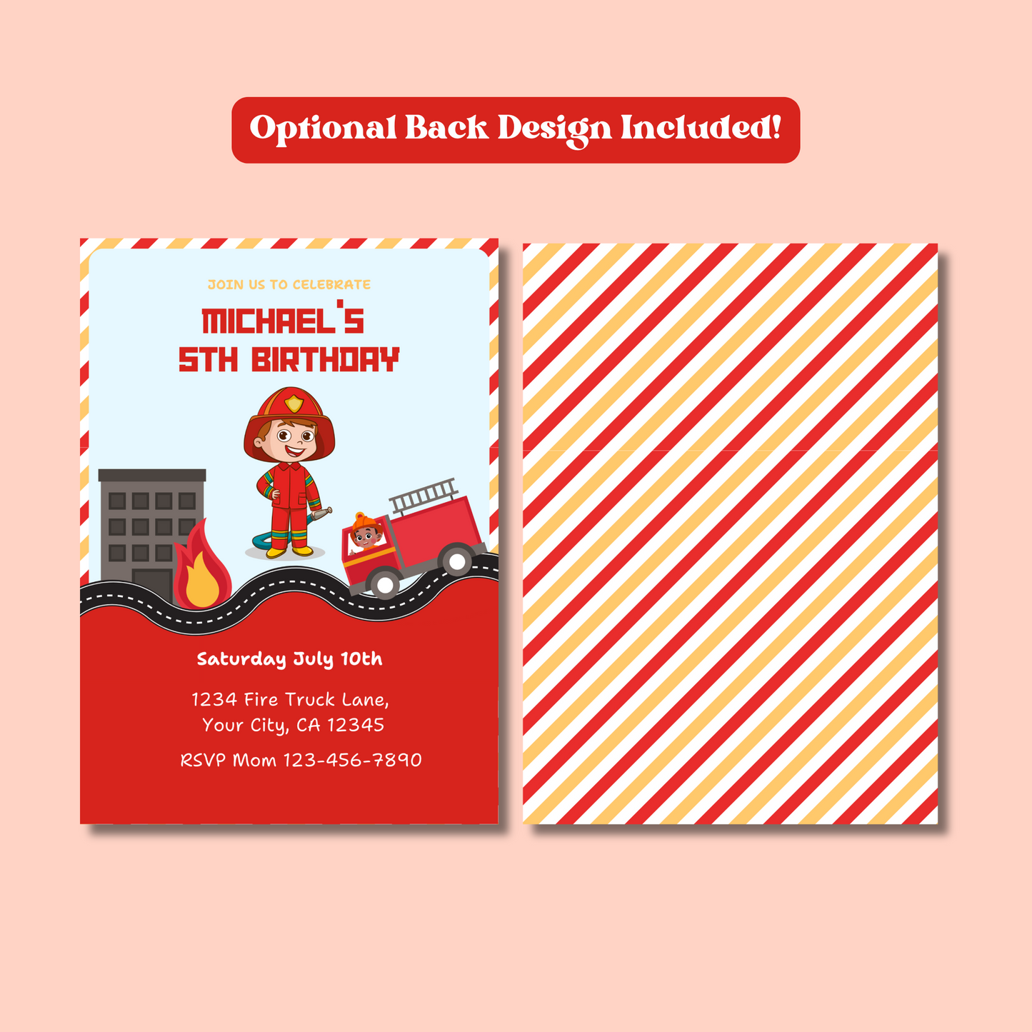 Firefighter Birthday Invitation, Editable Fire Truck Party Invite for Kids, Fireman Theme Birthday Template, Instant Download