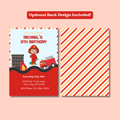 Firefighter Birthday Invitation, Editable Fire Truck Party Invite for Kids, Fireman Theme Birthday Template, Instant Download