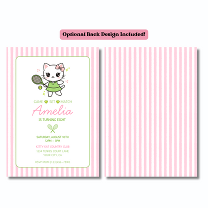 Cat Tennis Editable Birthday Invitation, Kawaii Kitty Tennis Invitation, Preppy Pink & Green Invite, Instant Download 5x7