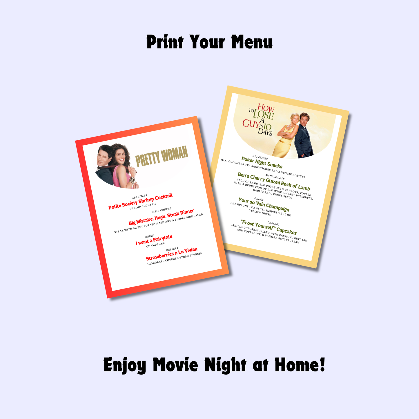 Romantic Comedy Movie Night Menus: 30+ Editable RomCom Date Night Menu Ideas (Printable Canva Template)