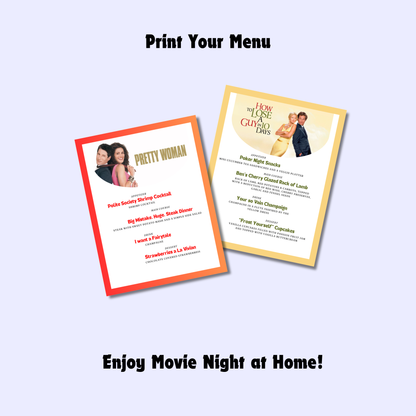 Romantic Comedy Movie Night Menus: 30+ Editable RomCom Date Night Menu Ideas (Printable Canva Template)