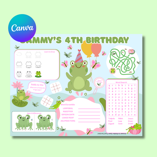Frog Editable Activity Placemat, Kids Firefighter Birthday Activity Page Template in Color