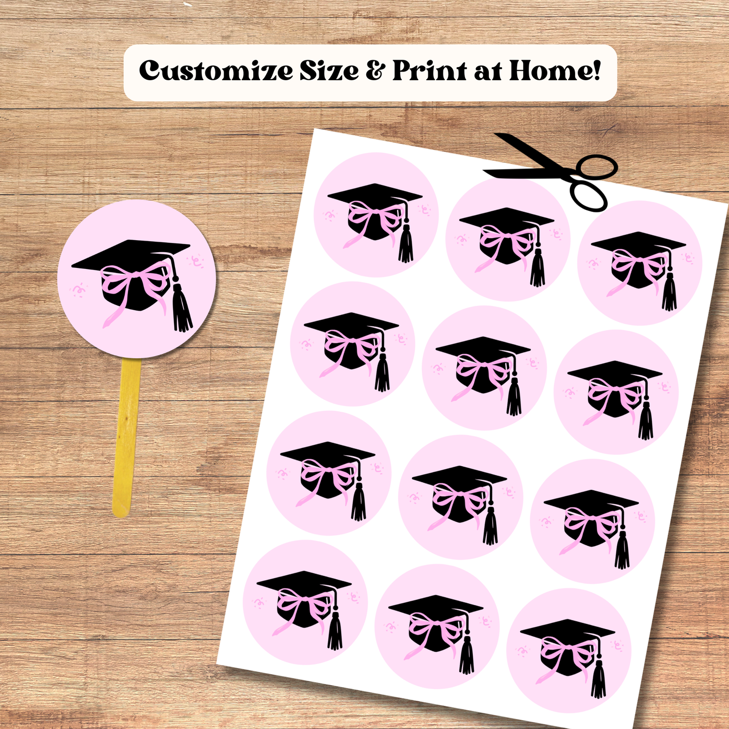 Pink Coquette Graduation Cap Cupcake Toppers: Class of 2026 Graduate Cake Topper Template (Instant Download)