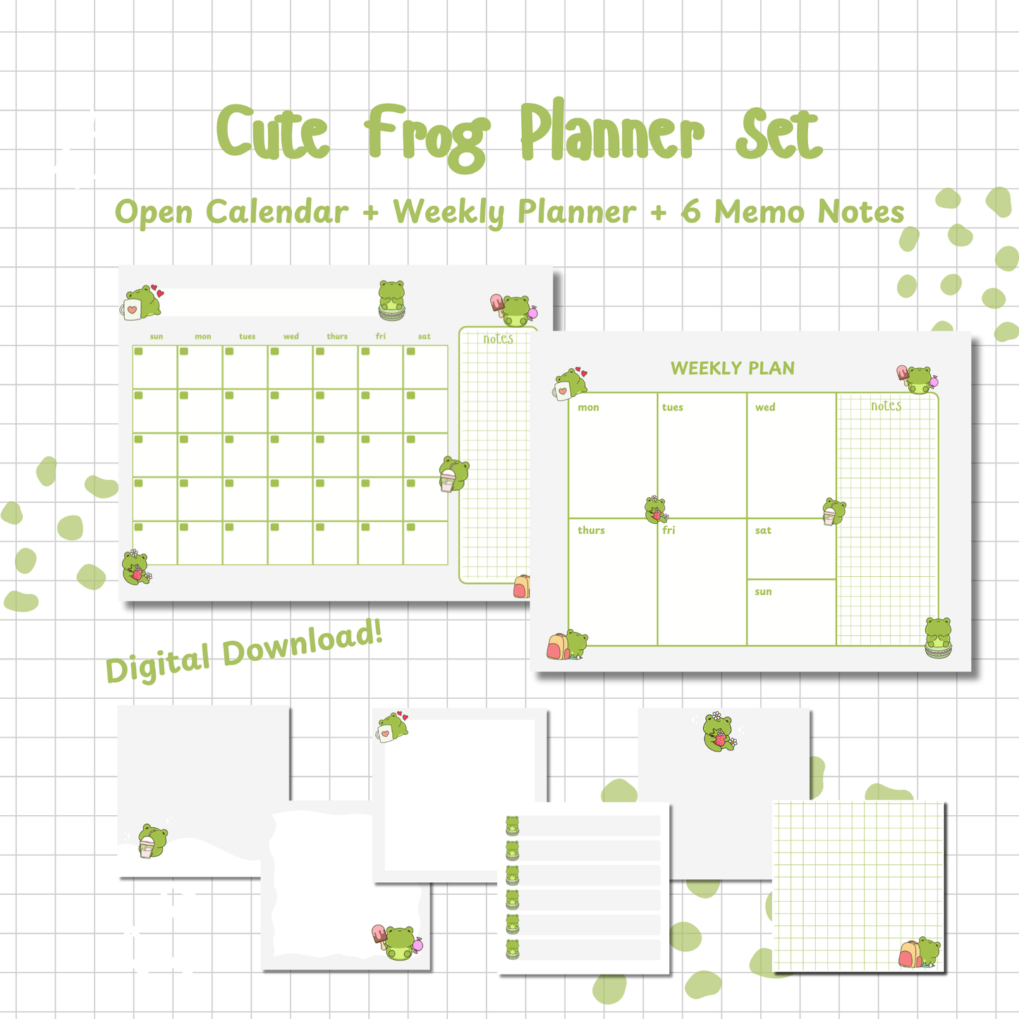 Cute Frog Planner Set: Monthly Calendar, Weekly Calendar, & Memo Notes | Printable | Instant Download