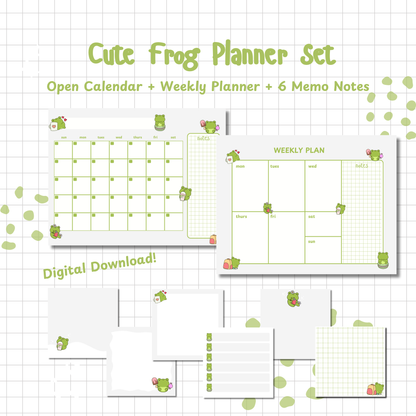Cute Frog Planner Set: Monthly Calendar, Weekly Calendar, & Memo Notes | Printable | Instant Download