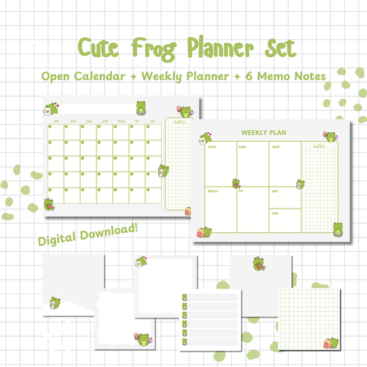 Cute Frog Planner Set: Monthly Calendar, Weekly Calendar, & Memo Notes | Printable | Instant Download