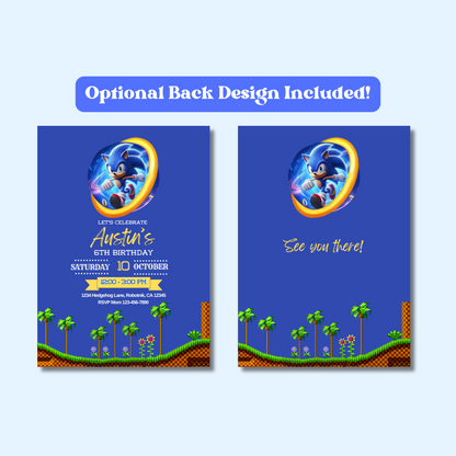 Sonic Birthday Invitation, Video Game Party Invite, Blue Boys Bday Invite, Instant Download, 5x7