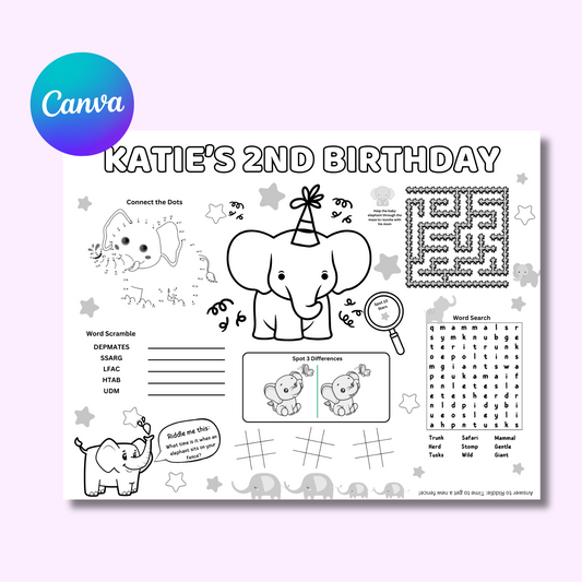 Elephant Editable Activity Placemat, Cute Elephant Birthday Activity Page Template Black & White