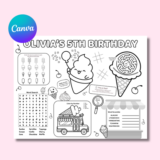 Ice Cream Themed Editable Activity Placemat, Kids Ice Cream Birthday Activity Page Template Black & White
