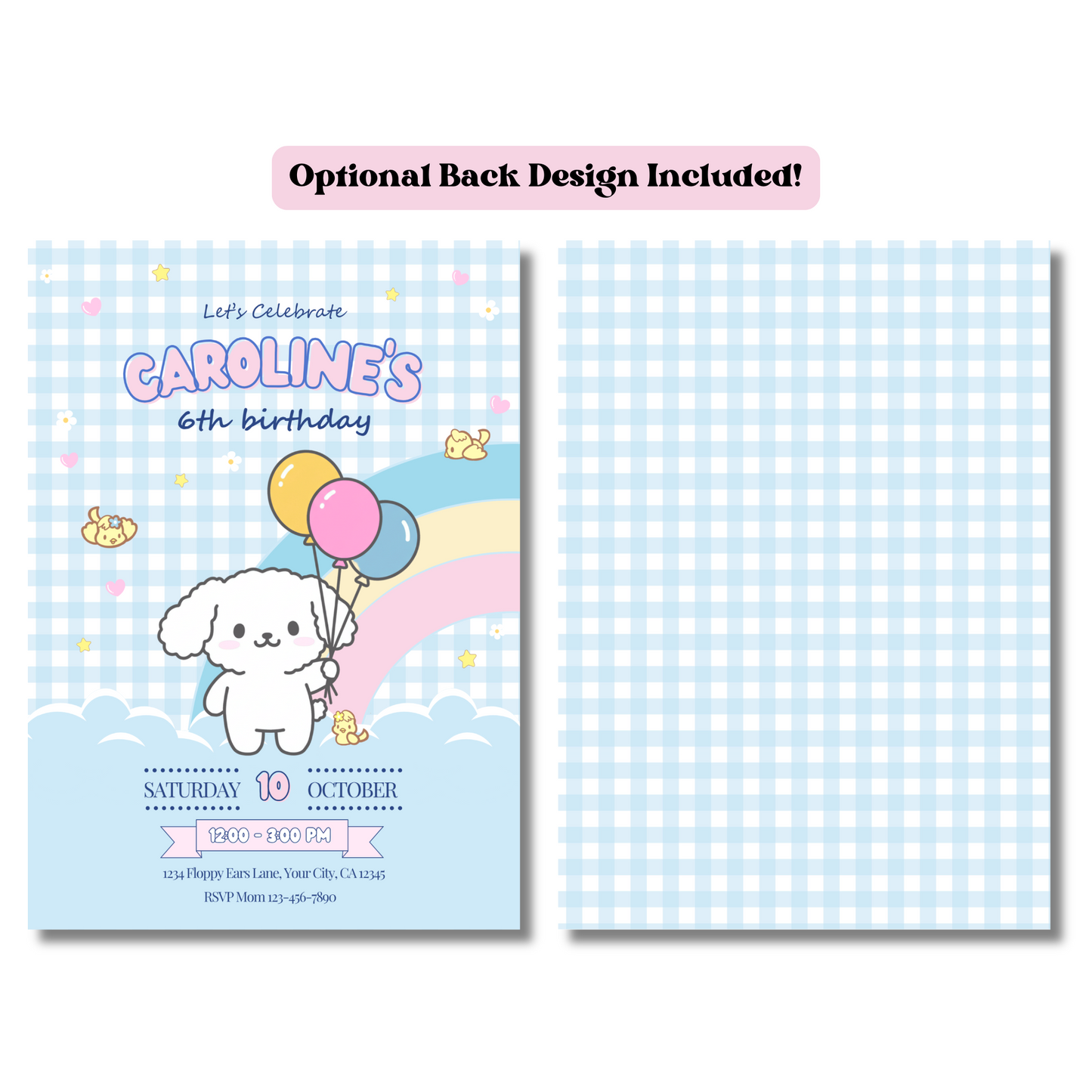 Kawaii Puppy Birthday Invite Editable, Cute Puppy Party Invitation, Party Pup Invite Printable, Blue Gingham Kids Invite 5x7 Hand Drawn