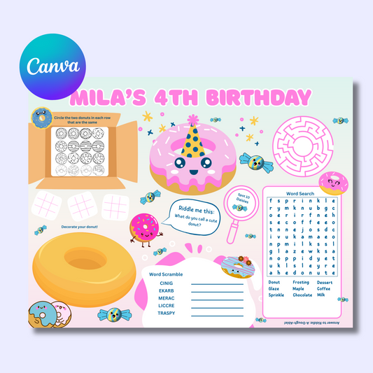 Donut Editable Activity Placemat, Cute Donut Birthday Activity Page Template in Color