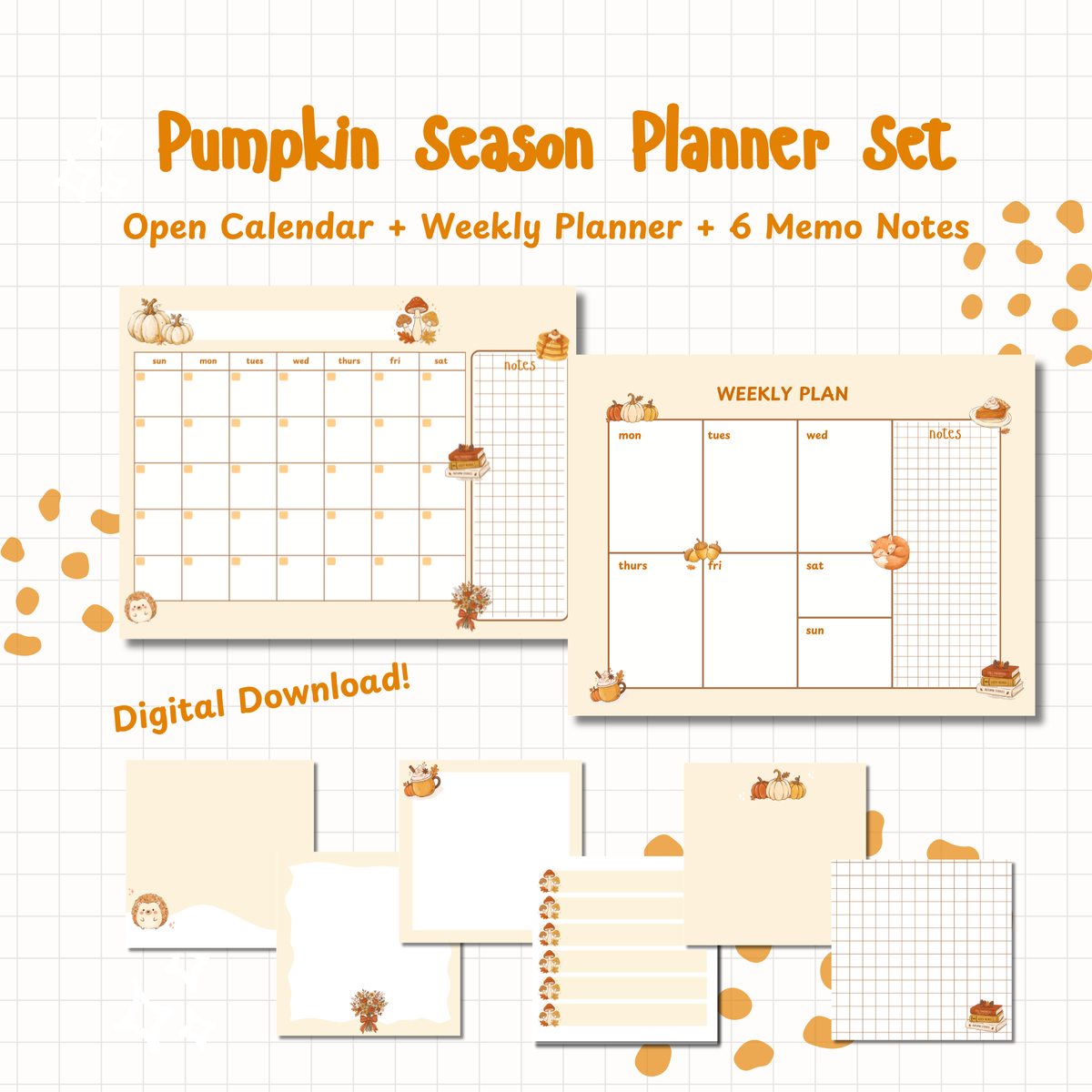 Pumpkin Season Digital Planner Set | Undated Calendar, Weekly Planner & Memo Notes