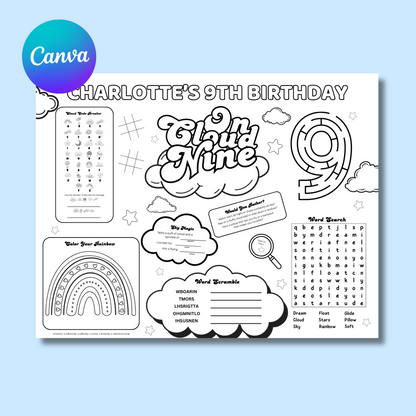 Cloud 9 Themed Editable Activity Placemat Template Black & White