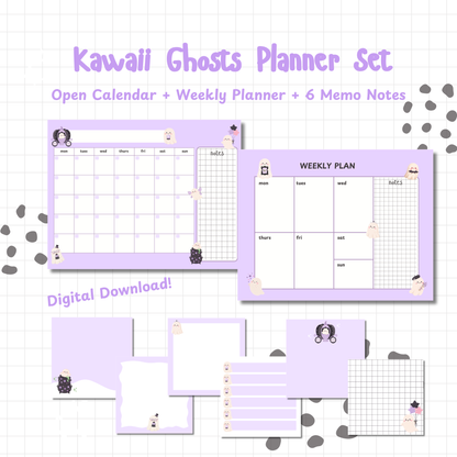 Kawaii Ghosts Digital Planner Set | Calendar, Weekly Planner & Memo Notes