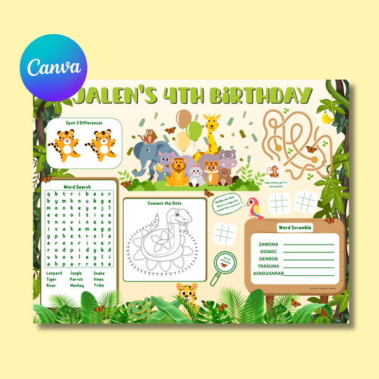 Jungle Activity Placemat, Printable Activity Sheet, Wild Animals Safari Party Game for Kids, Digital Download In Color