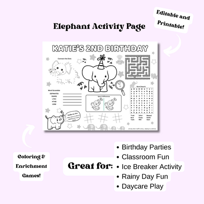 Elephant Editable Activity Placemat, Cute Elephant Birthday Activity Page Template Black & White