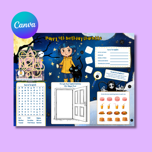 Coraline Activity Placemat Editable Template, Digital Download In Color