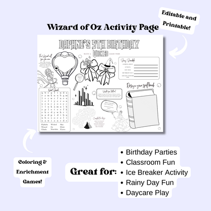 Wicked Themed Editable Activity Placemat, Kids Wizard of Oz Birthday Activity Page Template Black & White