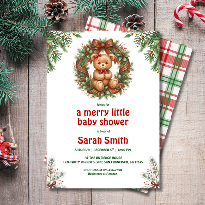 Merry Little Baby Shower Christmas Teddy Bear Invitation – Editable Canva Template