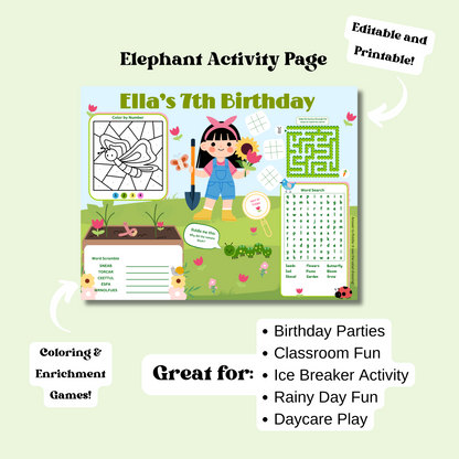 Garden Editable Activity Placemat, Kids Garden Birthday Activity Page Template in Color