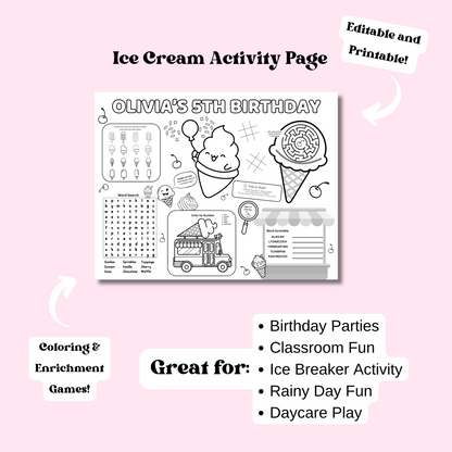 Ice Cream Themed Editable Activity Placemat, Kids Ice Cream Birthday Activity Page Template Black & White