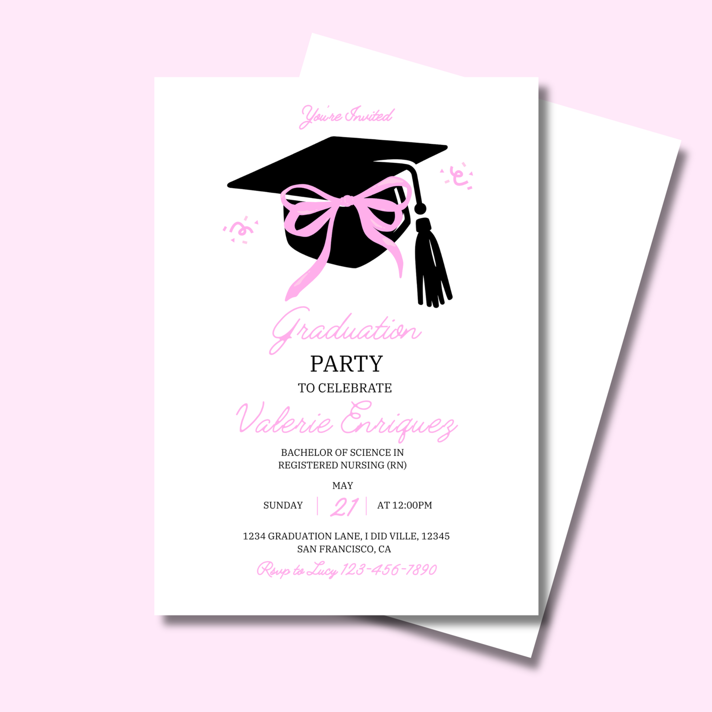 Pink Coquette Graduation Invite 5x7 Instant Download