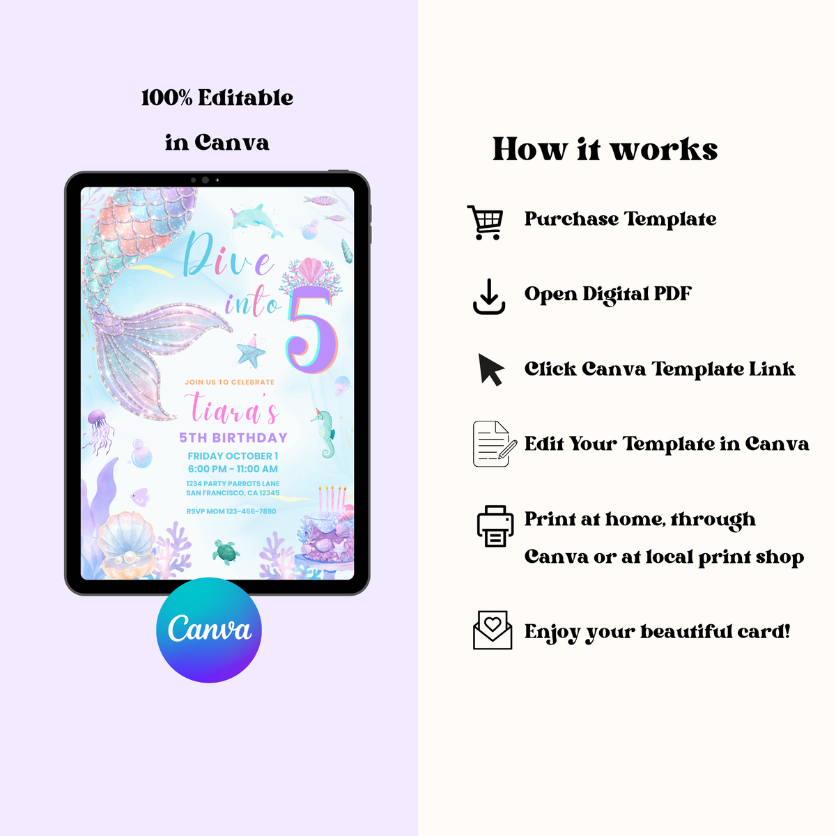 Mermaid Birthday Invitation | Editable Canva
