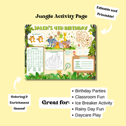Jungle Activity Placemat, Printable Activity Sheet, Wild Animals Safari Party Game for Kids, Digital Download In Color