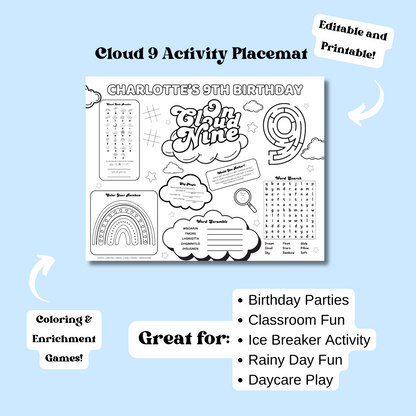 Cloud 9 Themed Editable Activity Placemat Template Black & White