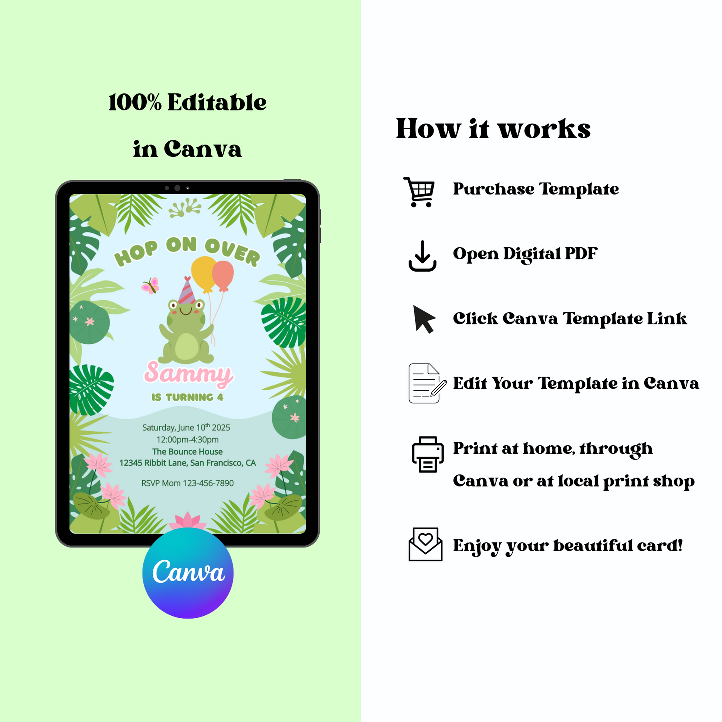 Frog Editable Invitation, Hop On Over Birthday Invite, Froggy Birthday Party, Cute Frog Invite Digital Template, Instant download