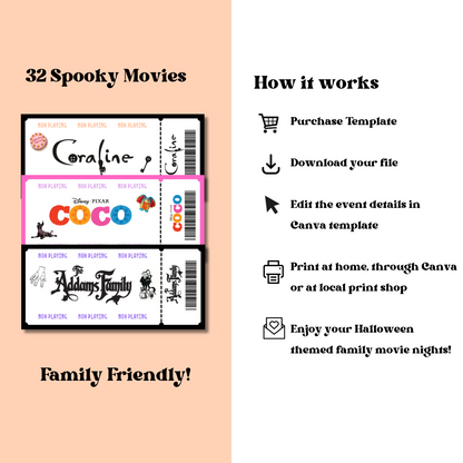 Halloween Dinner and a Movie Night Tickets, 30+ Halloween Movie Night Coupons for Family Movie Night, Kid Friendly Editable Tickets