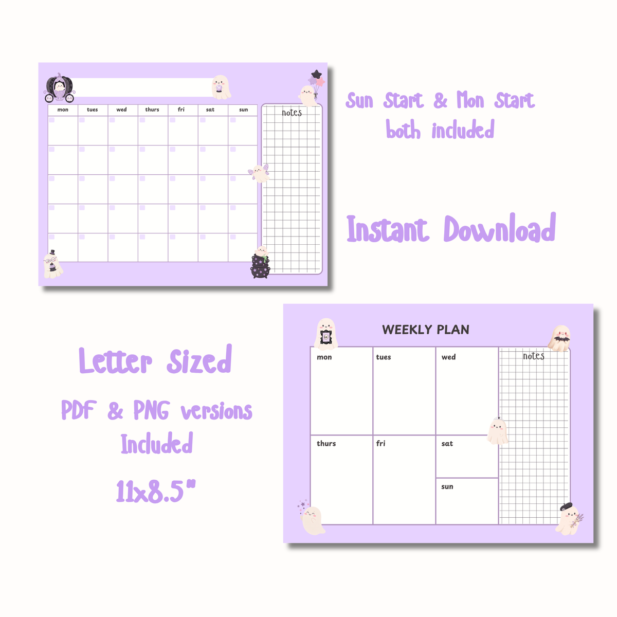 Kawaii Ghosts Digital Planner Set | Calendar, Weekly Planner & Memo Notes