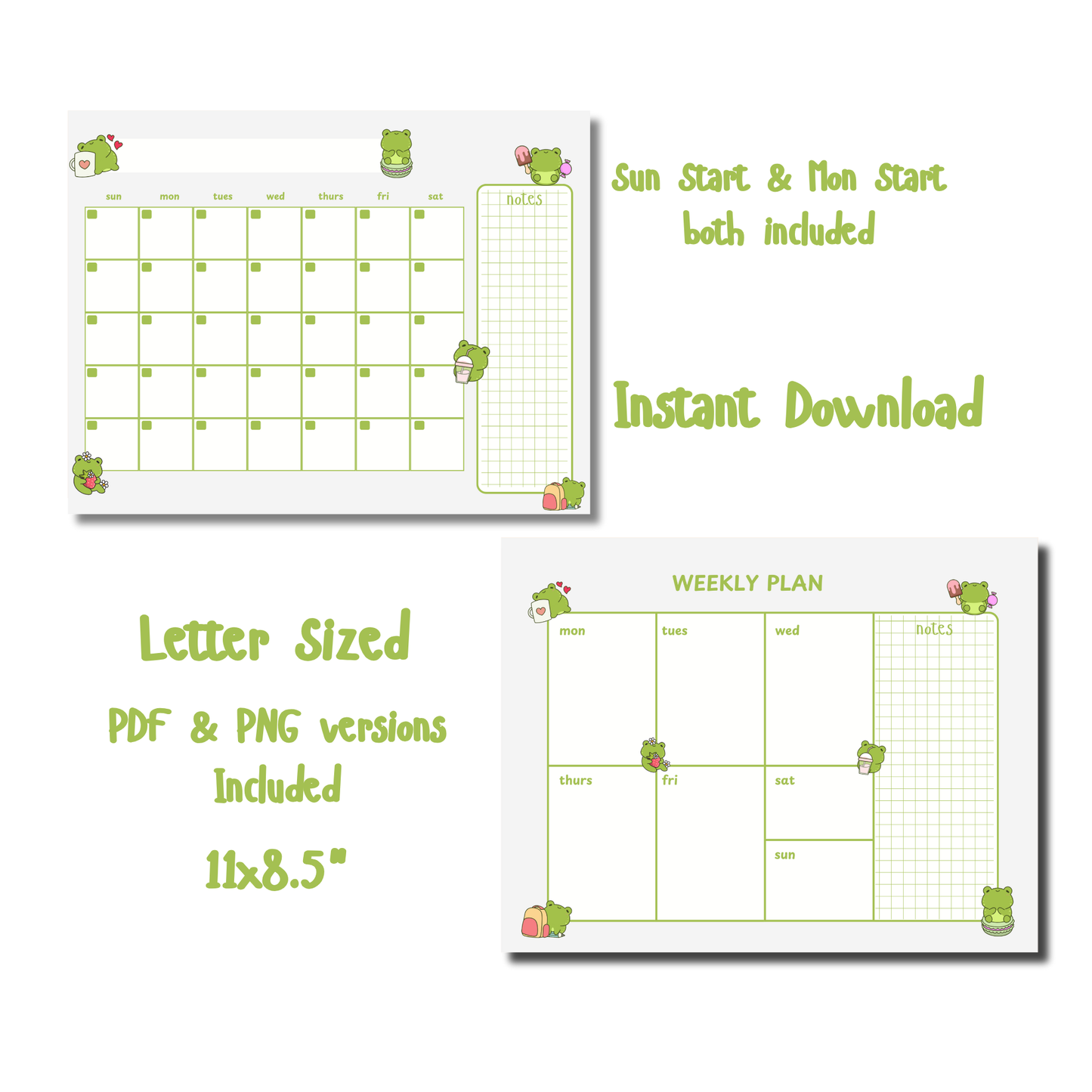 Cute Frog Planner Set: Monthly Calendar, Weekly Calendar, & Memo Notes | Printable | Instant Download