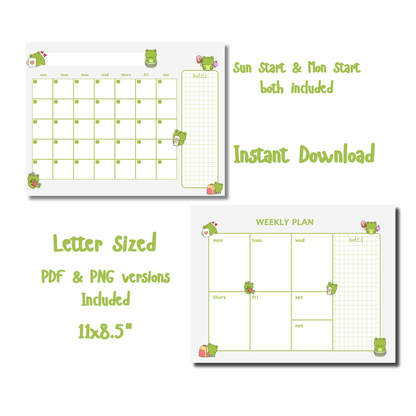 Cute Frog Planner Set: Monthly Calendar, Weekly Calendar, & Memo Notes | Printable | Instant Download