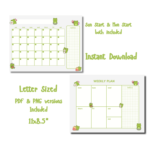 Cute Frog Planner Set: Monthly Calendar, Weekly Calendar, & Memo Notes | Printable | Instant Download